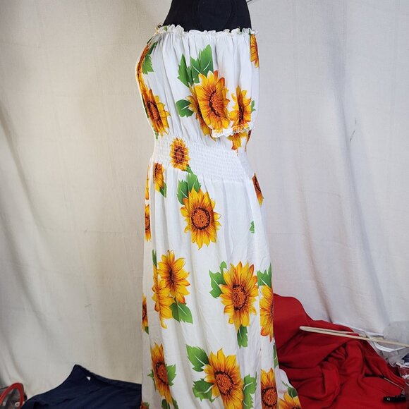 Ace White Yellow Orange Green Sunflowers Smocked Waist Drop Shoulder Maxi Sz 1X - Picture 7 of 16